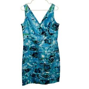 American Living Floral Sheath‎ Dress Sleeveless V-Neck Aqua Blue Party Size 14